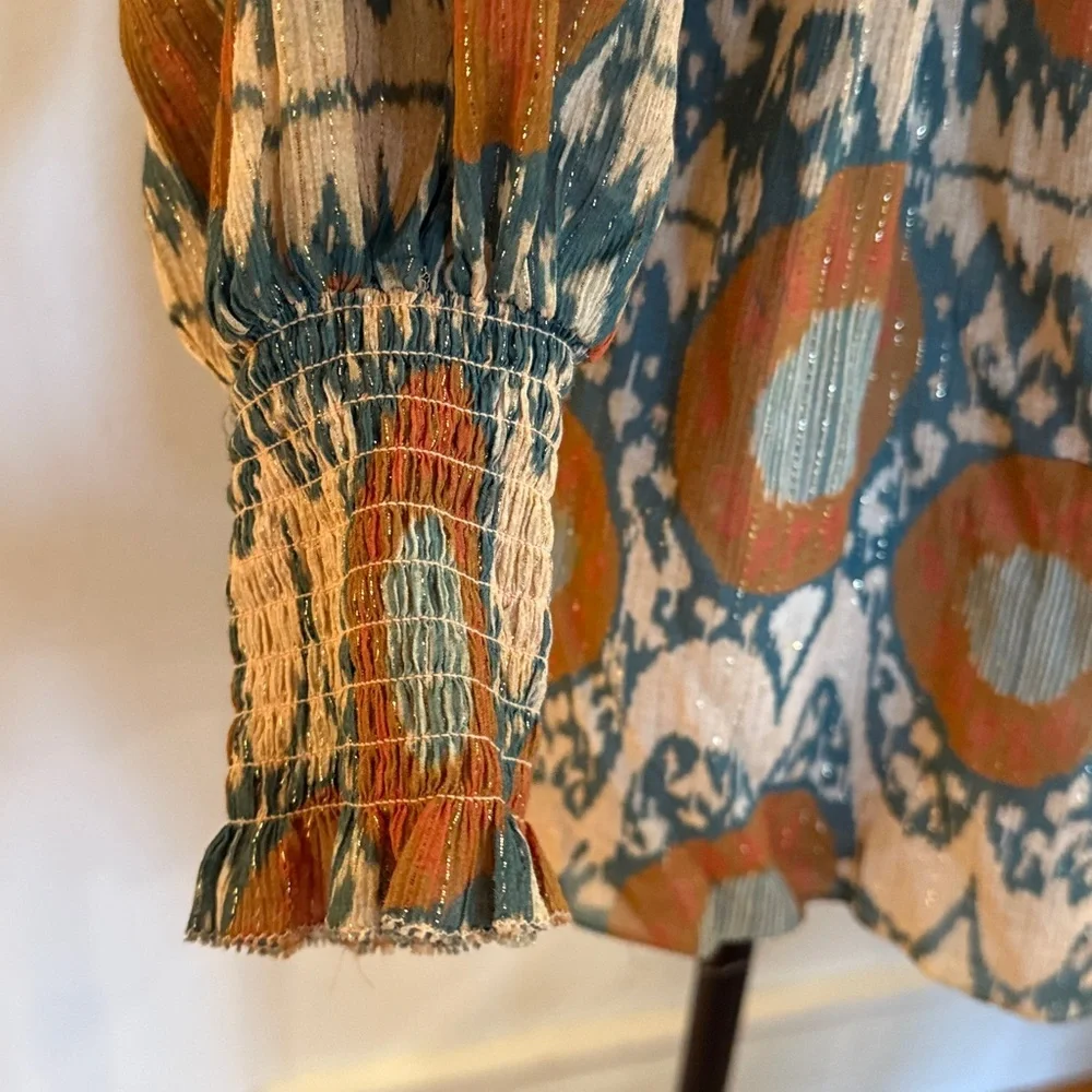 Ulla Johnson sz 12 Anita Blouse Nimbus Orange and Cream Patterned Blouse - Picture 6 of 8